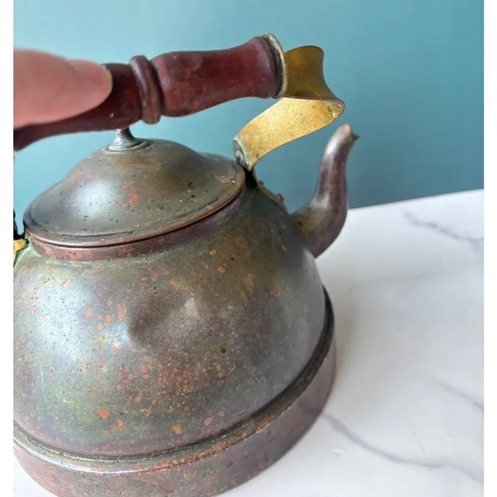Vintage Copper Tea Kettle Vintage Brass Handle Wood Grip Primitive Rustic Decor
